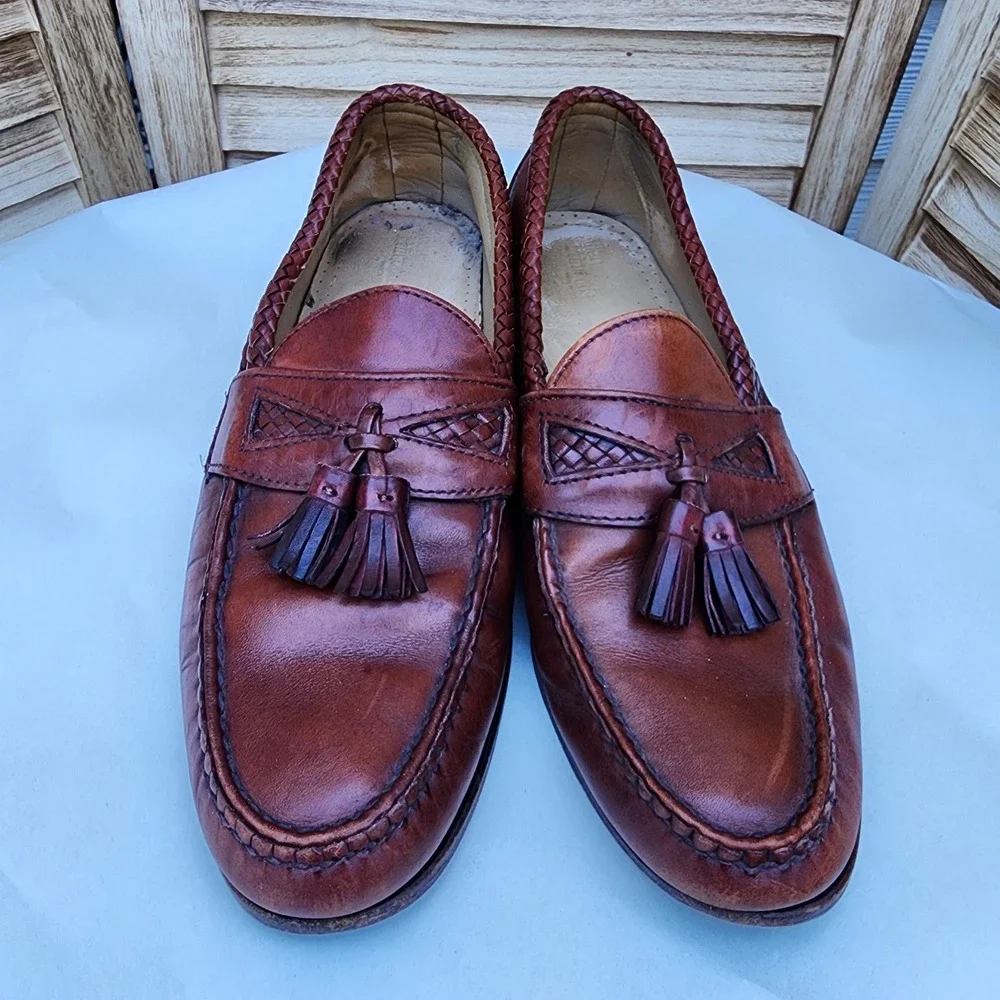 Allen Edmonds Sz 11 B Brown Leather Tassel Loafer Maxfield Woven Trim Preppy